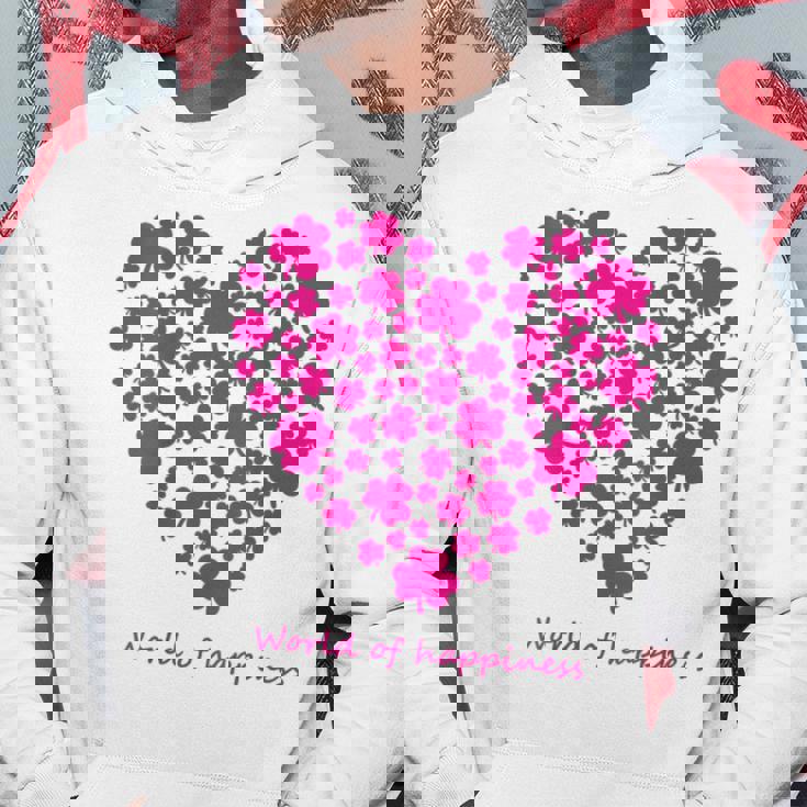 世界中の幸せを願う 可愛い ハート ピンク クローバー 反戦 平和 バックプリント パーカー 面白い贈り物