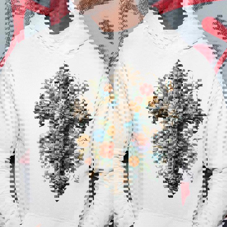 十字架 スピリチュアル キリスト 花 イエス 信仰 十字架 十字架 長袖tシャツ パーカー 面白い贈り物