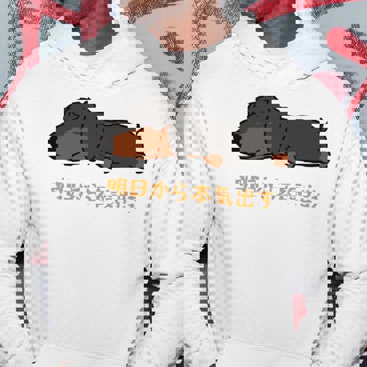 犬 おもしろ 明日から本気出す 可愛い ダックスフンド ミニチュアダックスフンド 長袖tシャツ パーカー 面白い贈り物