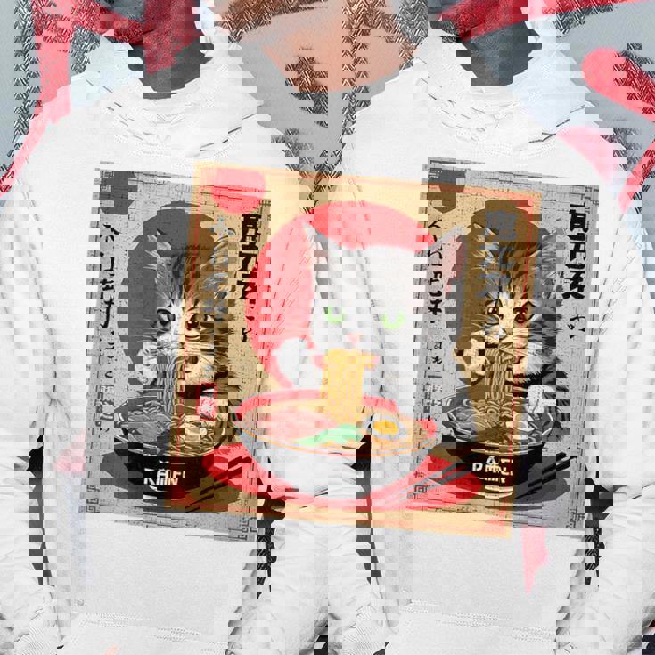 背中にラーメンを食べる緑色の目を持つ日本猫のデザイン。 パーカー 面白い贈り物