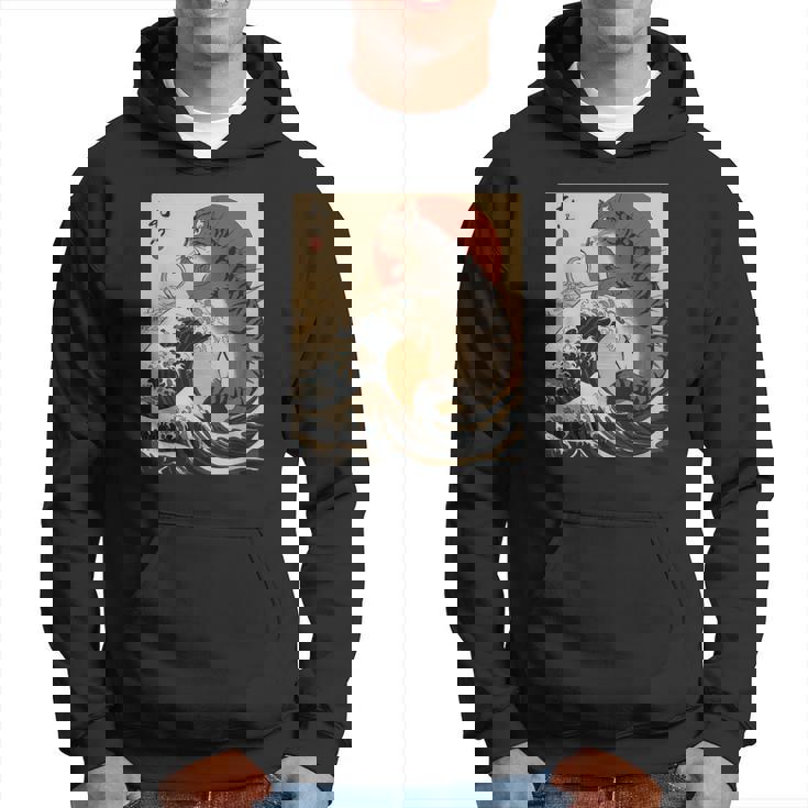 Catzilla 日本の波 ヴィンテージ 夕日 面白い 猫 アート パーカー