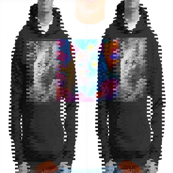 「お花畑のルディ猫」 油絵風ファンタジーアート 綺麗 かわいい オッドアイ リアル パーカー