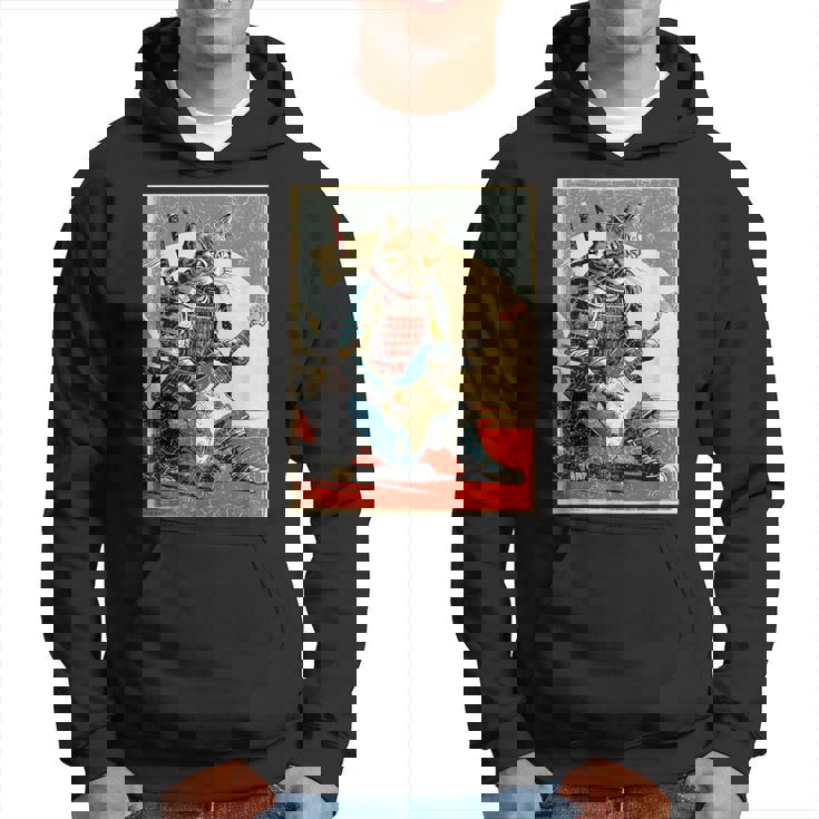 アニメ 日本の侍猫 エレキギターを弾くアートワーク パーカー