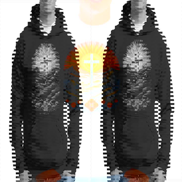 イースターデー クロスフラワー サンセット クリスチャン イースター パーカー