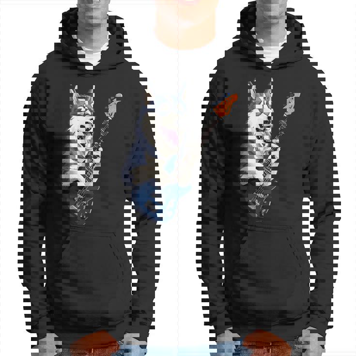 エレキギターを弾く面白いシベリアンハスキー犬ミュージシャン パーカー