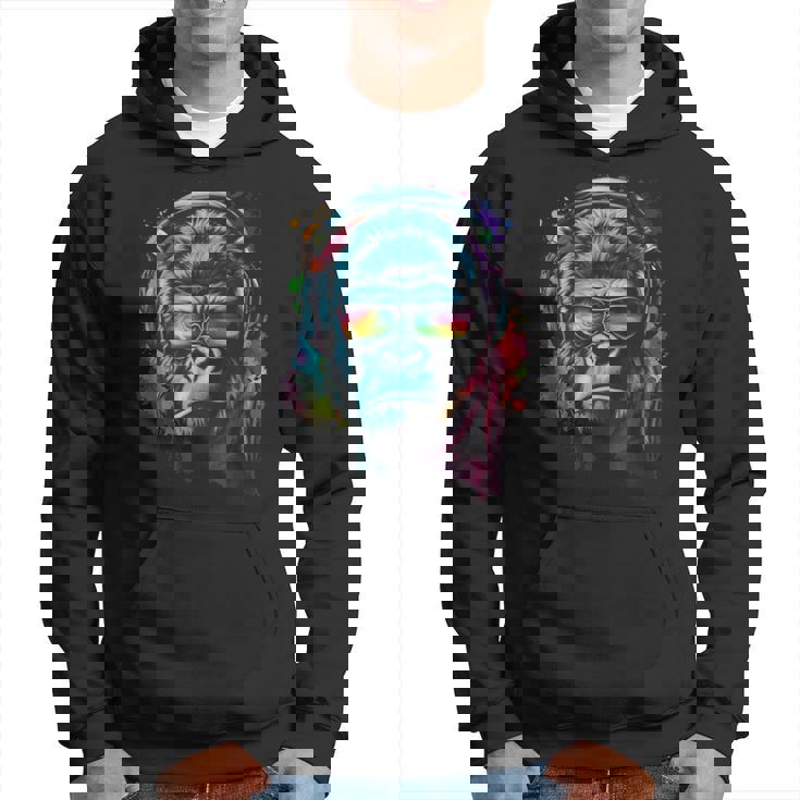 カラフルなゴリラとヘッドフォン レインボー バイブス エイプ モチーフ パーカー