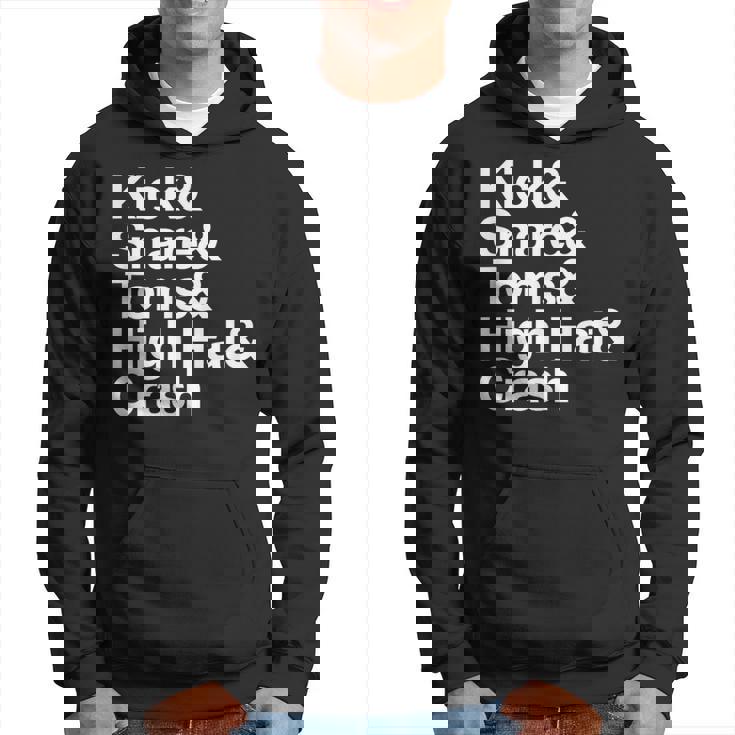 キック&スネア&トムズ&ハイハット&クラッシュドラムセットテキスト パーカー