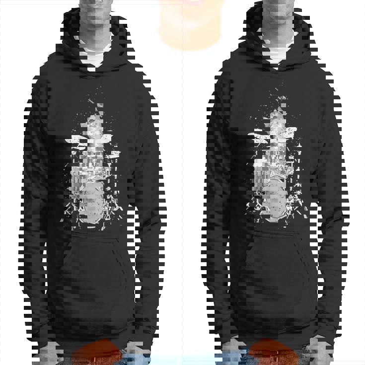 キュートで面白い猫のドラマー ドラムを弾くパンク ロックスター グラフィック パーカー