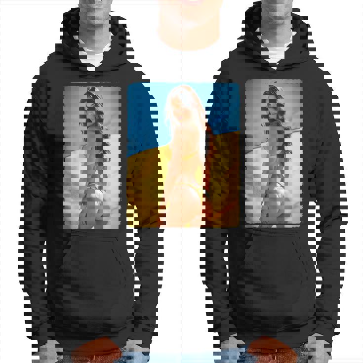 セクシーガールグラフィックtシャツ 「モダンピンナップガール&ウクライナ国旗」 パーカー