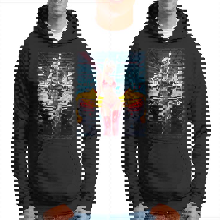 セクシーガールグラフィックtシャツ セクシーブロンドビキニモデル&車 パーカー