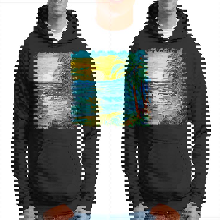 トロピカルビーチ 太陽 オーシャン ヤシの木 ゴッホスタイル アートデザイン パーカー