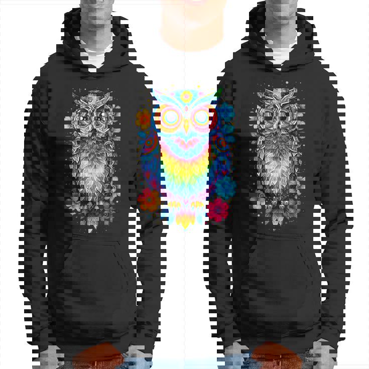 フクロウと花 カラフルなアートワーク フクロウの恋人 パーカー