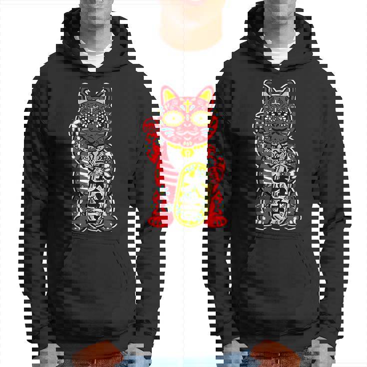 メキシコ 死者の日 と 招き猫 ネコ を組合わせた シュガー スカル キャット 赤 レッド 大吉 猫好き ねこマニア パーカー