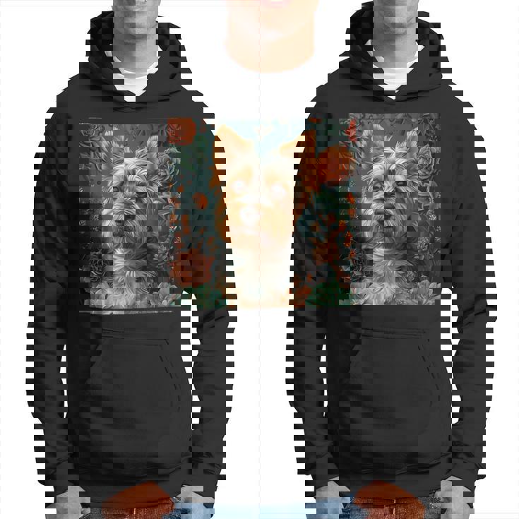 ヨークシャーテリア、ボーホースタイルのグラフィックの周りに多肉植物が描かれています。 パーカー