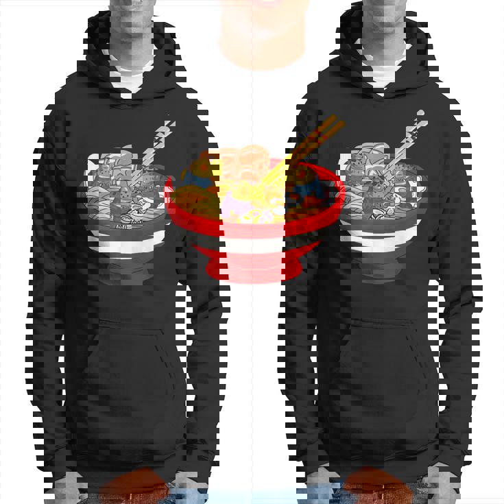 ラーメンを食べる三匹のかわいいカエルのお揃い アニメ恋人 食通 パーカー