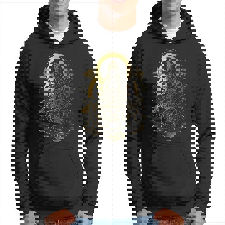 蓮の雲に座っている穏やかな仏陀 スピリチュアルマインドフルネス パーカー