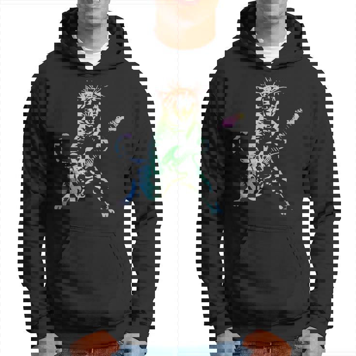 虹色グラデーションの猫のギターデザイン パーカー