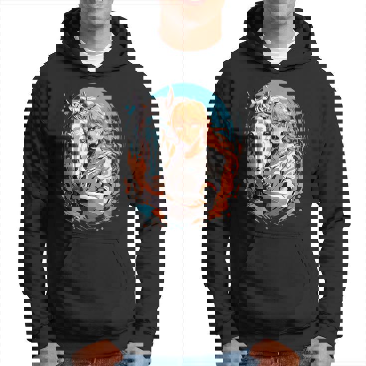 馬のファンのためのアニメガールの象徴的な乗馬デザイン。 パーカー