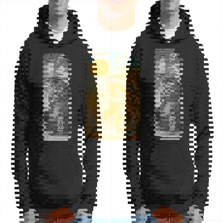 麦わら帽子をかぶったたぬき・酒・提灯・浮世絵風 パーカー