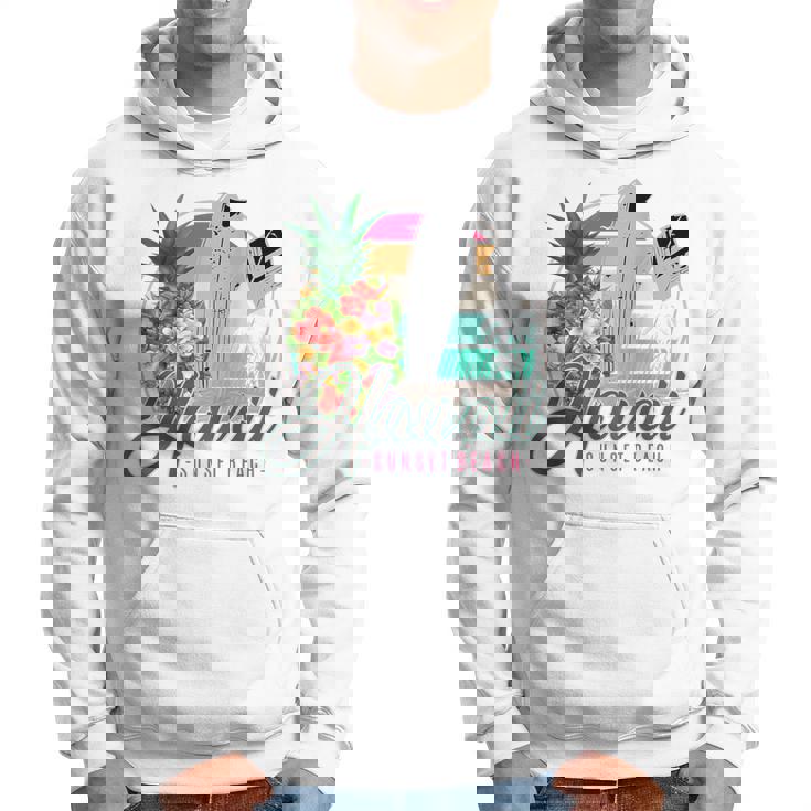 Sunset Beach Hawaii、サーフィンサーフボードレトロ、バックプリント パーカー