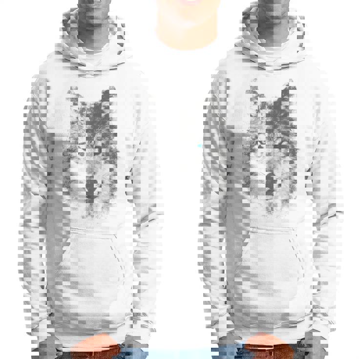 オオカミの顔 青い目 美的スマッジアートスタイル 野生動物 パーカー