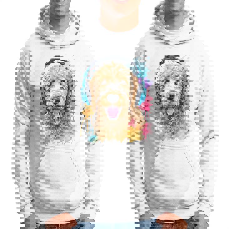 ゴールデンドゥードル、ヘッドフォン、犬、動物プリント パーカー