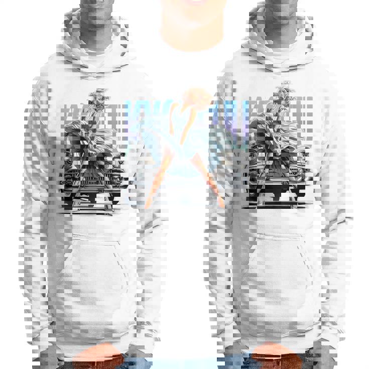 強風ピンナップガールとオールドアメ車のバックプリント パーカー