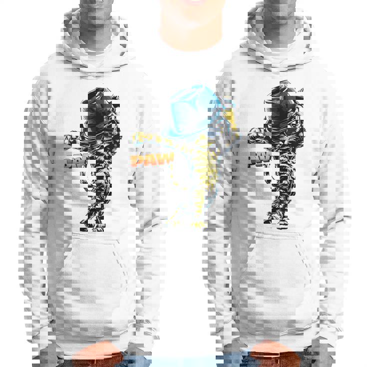 決めポーズの猫イラスト Pawの文字が光るダンス風デザイン パーカー