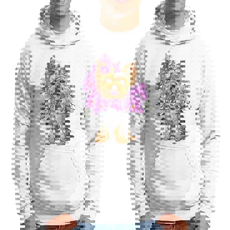 花を持つヨークシャー テリア 長袖tシャツ パーカー