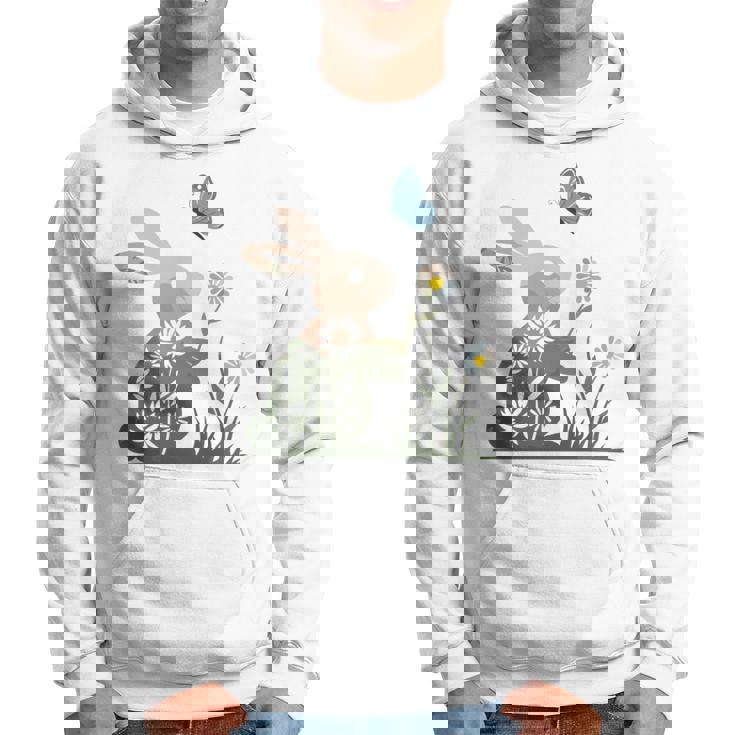 蝶のイースターとデイジーを保持している甘いウサギのウサギ 長袖tシャツ パーカー