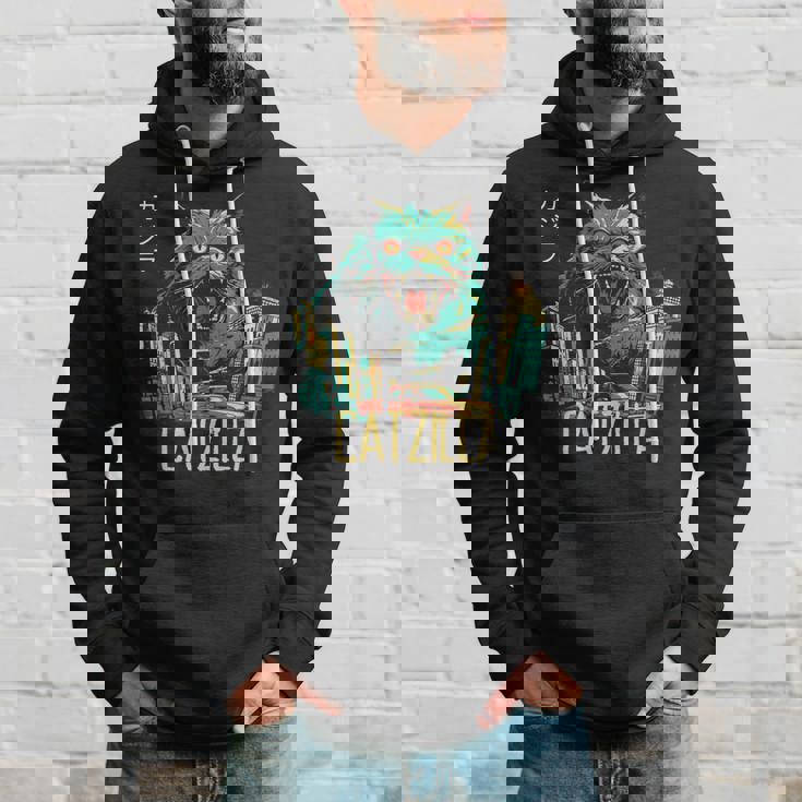 Catzilla ビンテージ 面白い かわいい 猫 アート パーカー 彼への贈り物