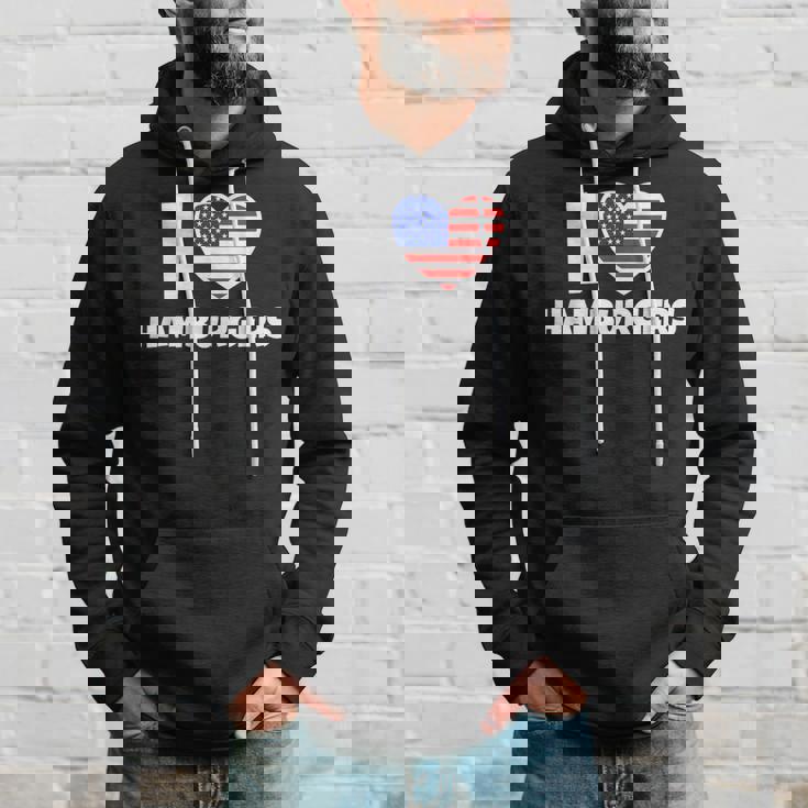 アメリカ国旗とハートのアイ・ラブ・ハンバーガー パーカー 彼への贈り物