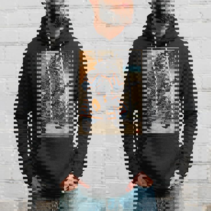 エレキギターを弾く日本の侍猫 浮世墨アート パーカー 彼への贈り物