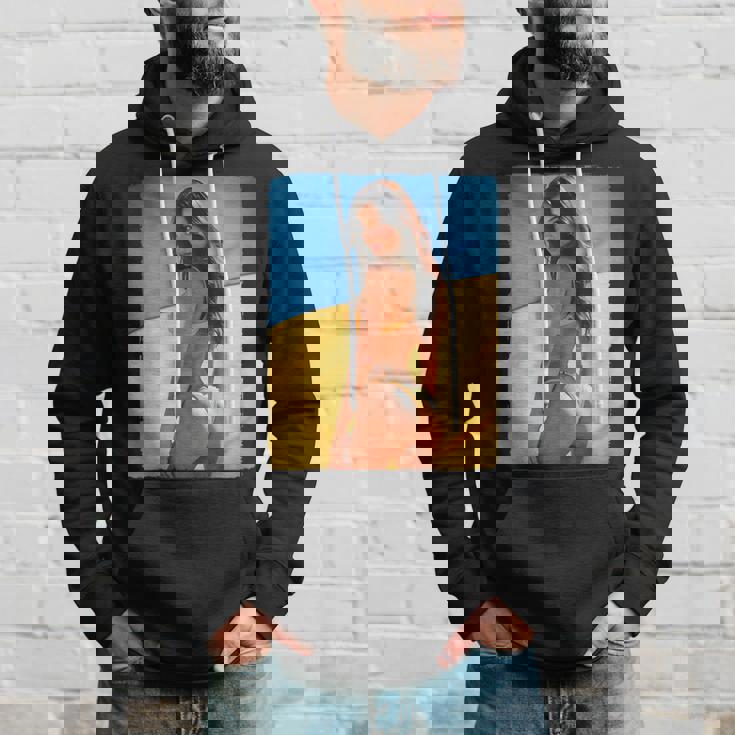 セクシーガールグラフィックtシャツ 「モダンピンナップガール&ウクライナ国旗」 パーカー 彼への贈り物