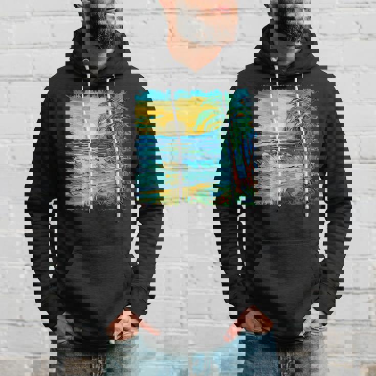 トロピカルビーチ 太陽 オーシャン ヤシの木 ゴッホスタイル アートデザイン パーカー 彼への贈り物