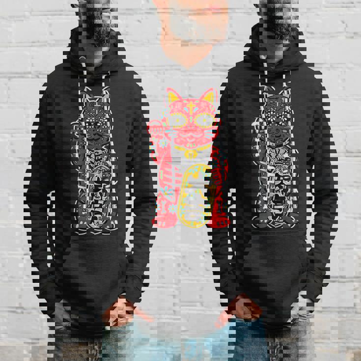 メキシコ 死者の日 と 招き猫 ネコ を組合わせた シュガー スカル キャット 赤 レッド 大吉 猫好き ねこマニア パーカー 彼への贈り物