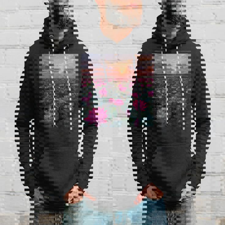 蓮の花畑 美しい夕日のグラフィック パーカー 彼への贈り物