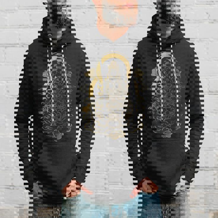 蓮の雲に座っている穏やかな仏陀 スピリチュアルマインドフルネス パーカー 彼への贈り物