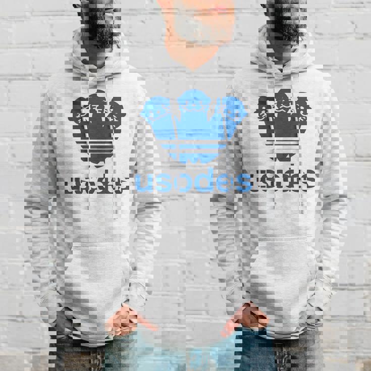 【バックプリント・背中側】ウソデス Usodes かわうそです。《ブルー 青》スポーツ ブランド パロディ 面白い パーカー 彼への贈り物