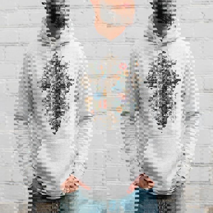 十字架 スピリチュアル キリスト 花 イエス 信仰 十字架 十字架 長袖tシャツ パーカー 彼への贈り物