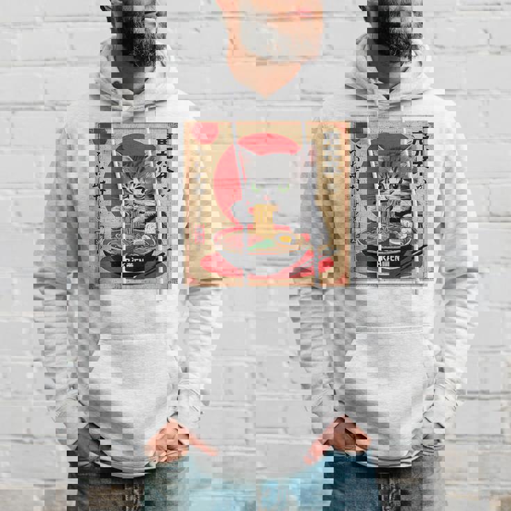 背中にラーメンを食べる緑色の目を持つ日本猫のデザイン。 パーカー 彼への贈り物