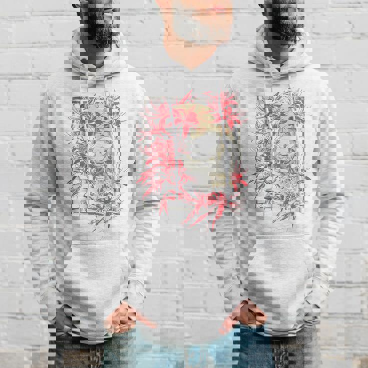 赤いクモのユリの花 日本の頭蓋骨 オタクのバックプリント パーカー 彼への贈り物