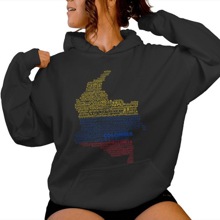 Colombia Mapa Bandera De Colombia Colombia En Idiomas Del Mundo Sudadera con capucha para mujer