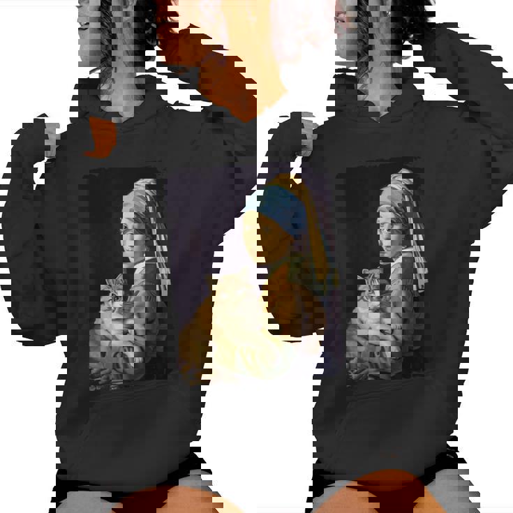 Girl With A Pearl Earring And A Cat 名画パロディ アート猫 レディースパーカー