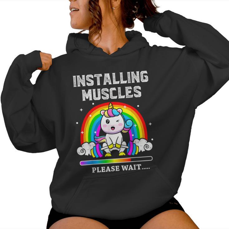 Instalación Del Entrenamiento De Levantamiento De Pesas Muscles Unicorn Rainbow Sudadera con capucha para mujer