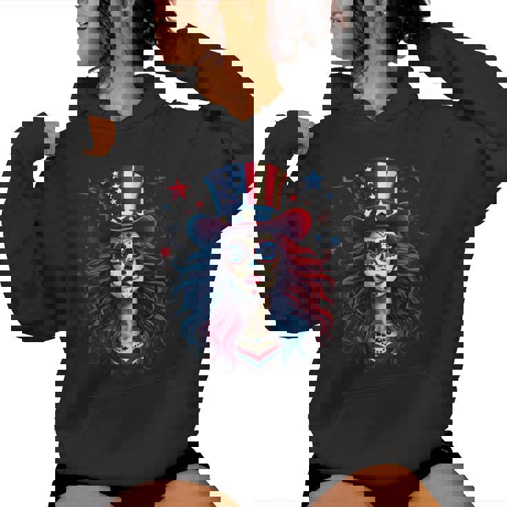 Sugar Skull 4Th Of July American Flag Skeleton Women Women Hoodie
