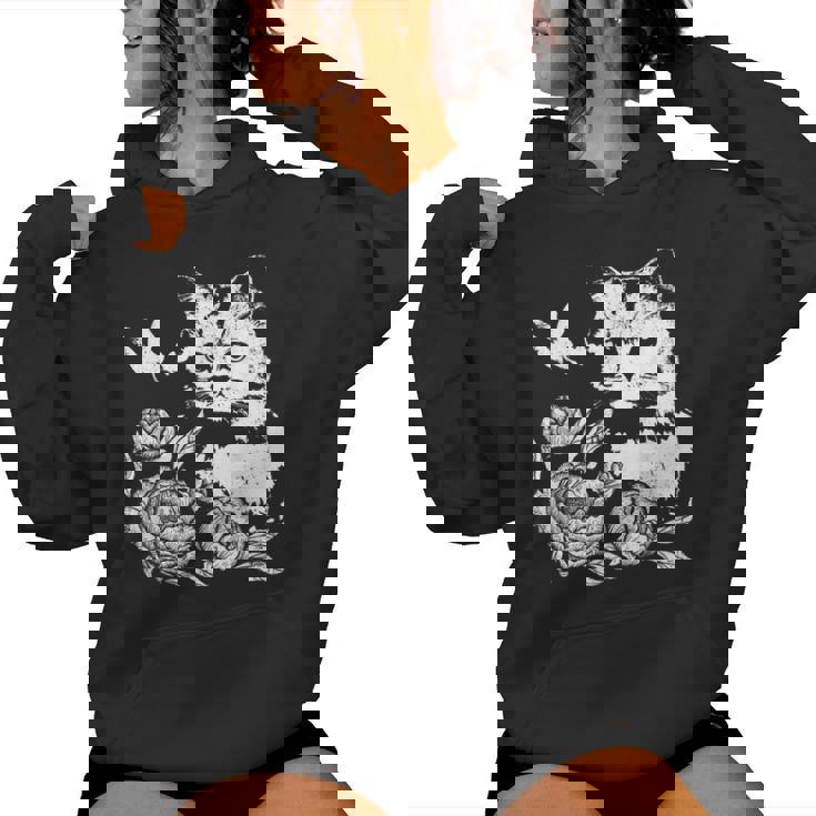 バラと蝶の猫、花柄 レディースパーカー