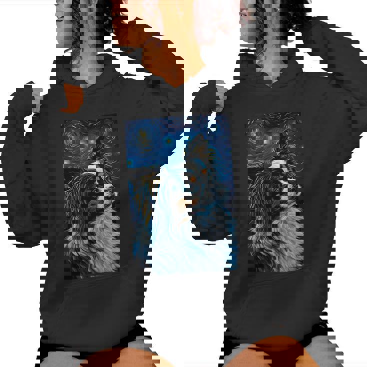 星月夜のパピヨン 絵画 犬 お母さん お父さん レディースパーカー