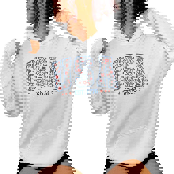 Floral Usa Retro America 4Th Of July Patriotic Girly Women Hoodie