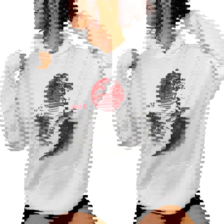 日本の木 赤い月 絵画 日本 夕日 男性 女性 レディースパーカー